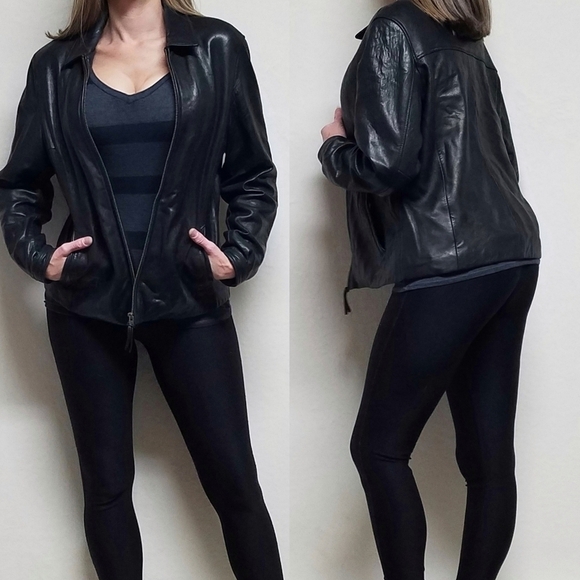 VINTAGE Couture J. Park Black Butter Soft Leather Collared Full-zip Moto Jacket - Picture 1 of 16